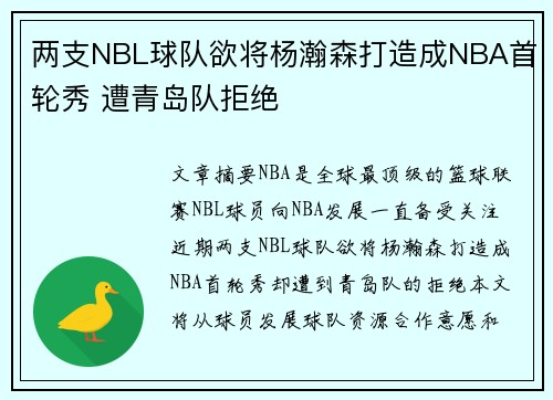 两支NBL球队欲将杨瀚森打造成NBA首轮秀 遭青岛队拒绝